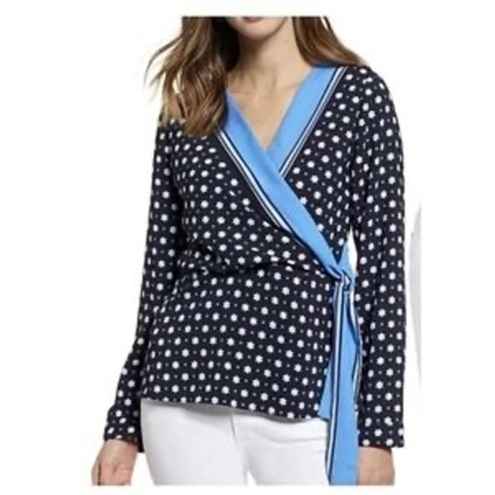 NWT 1901 Navy Blue Floral Faux Wrap Top Long Sleeve Daisy Print Blouse S